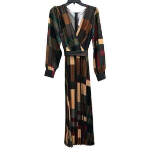 FIRST LOVE Surplice pleated  geometrical maxi dress tie long sleeve NWT Sz M